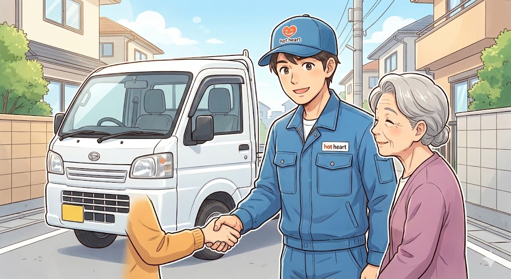 お客様と握手するハギさん