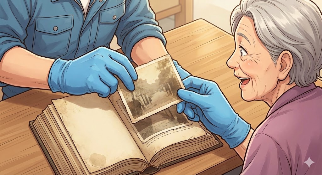 アルバムから思い出の写真を見つけ、お客様と共有する様子