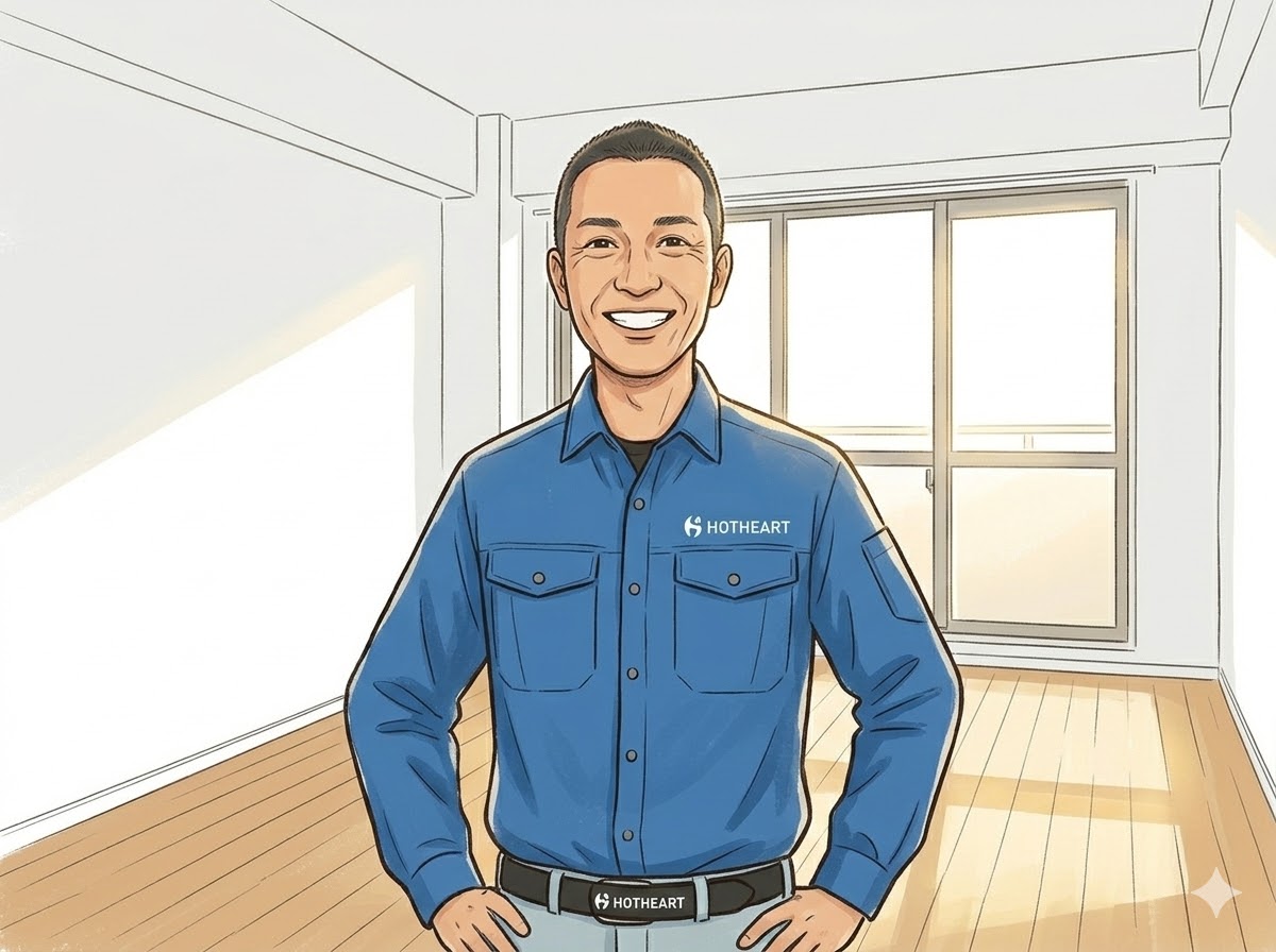 片付いた部屋での笑顔のハギさん